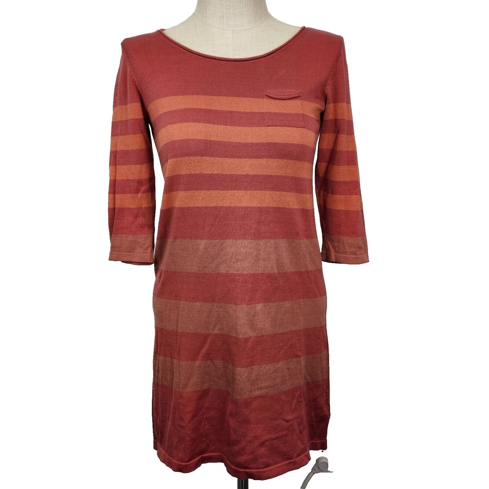 Peruvian Connection Striped Sweater Dress‎ M Red Orange 3/4 Sleeve Pima Cotton